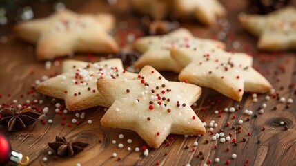 Star shaped Christmas sugar cookies on a wooden surface