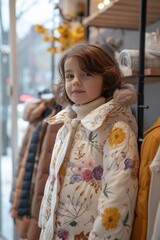 Cute child in a warm jacket in a children's clothing store. Clothes sale. Clothes for small children.