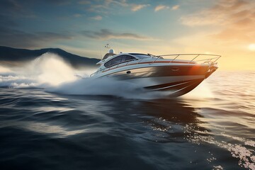 Luxury motorboat on the sea. Speedboat at sunset