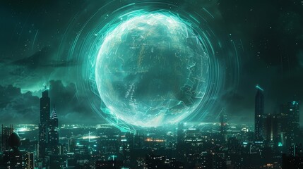 A glowing, translucent orb hovering above a futuristic cityscape