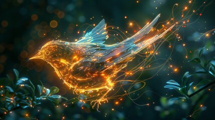 A scene depicting a glowing, ethereal bird composed of digital pixels - obrazy, fototapety, plakaty