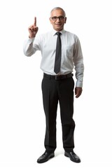 Confident senior businessman in formal wear pointing upwards, symbolizing a moment of inspiration or suggestion on white background.