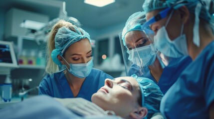 Low Angle Shot in the Operating Room, Assistant Hands out Instruments to Surgeons During Operation. Surgeons Perform Operation. Professional Medical Doctors Performing Surgery.