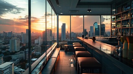 An office building rooftop bar providing stunning views of the city below.  - Powered by Adobe