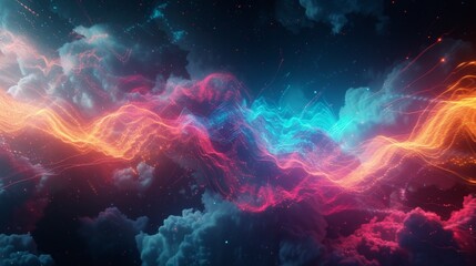 Colorful Glowing Particles: Abstract Background with Sound Wave Rhythm