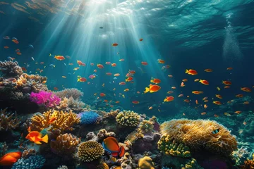 Tuinposter An underwater coral reef scene, diverse marine life, vivid colors, showcasing the beauty and diversity of ocean life. Underwater photography, coral reef ecosystem, diverse marine life,. Resplendent. © Summit Art Creations