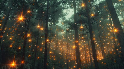 Surreal: A network of glowing, interconnected trees in a forest,
