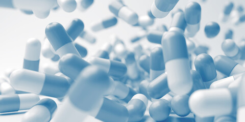 White blue pills close up. Development medicine and pharmacology - obrazy, fototapety, plakaty