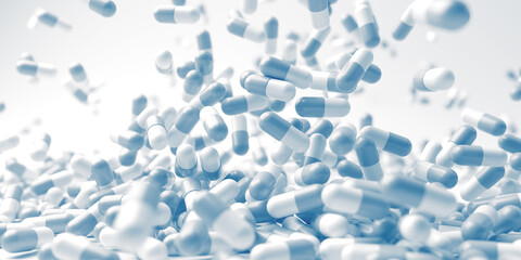 White blue pills close up. Development medicine and pharmacology