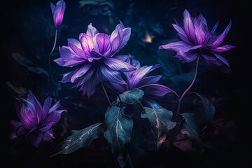 A bouquet of purple flowers with a blue background. - Powered by Adobe
