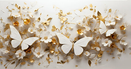 white butterflies on white with gold tint flowers painted with oil beautiful and shining  background ai generative