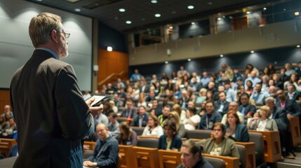 A corporate executive addressing employees at a company-wide meeting in an office auditorium. 