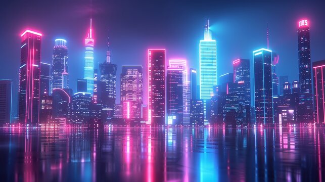 A neon-lit city skyline, each building representing a different aspect of a well-executed pla