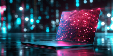 Laptop Protected by a digital encryption Lock, cyber city in the background, neon