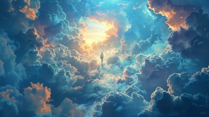 A surreal scene of a person floating among clouds