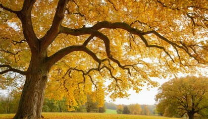 Autumn colorful bright leaves swinging on an oak tree in autumnal park. Fall background. Beautiful nature scene