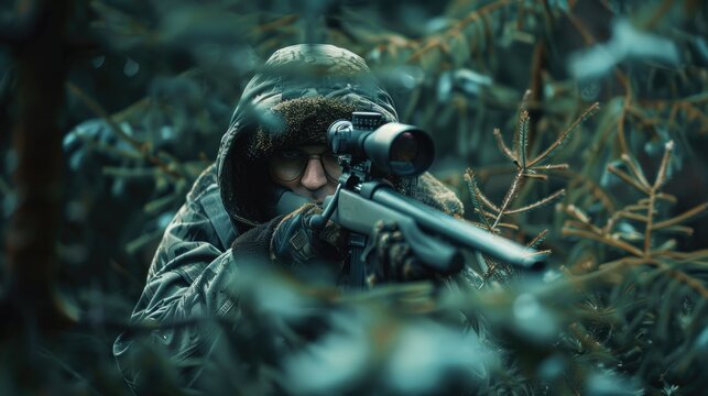 Soldier with a gun equipped with an optical sight concealed among spruce branches in a forest area