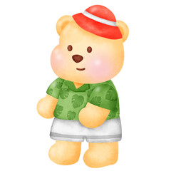  Teddy Bear in Green Shirt and Red Hat , summer bear .