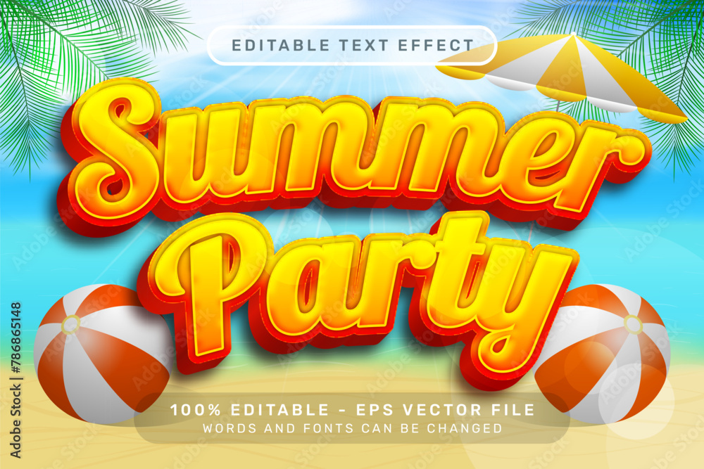 Poster summer party 3d text effect and editable text effect with a beach background