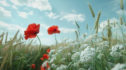 Red poppy and white yarrow bordering a wheat field