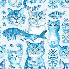 Cats and fishbone patterns, quirky watercolor, seamless pattern, playful motifs, aquatic blues, mischievous looks. Seamless Pattern, Fabric Pattern, Tumbler Wrap, Mug Wrap.
