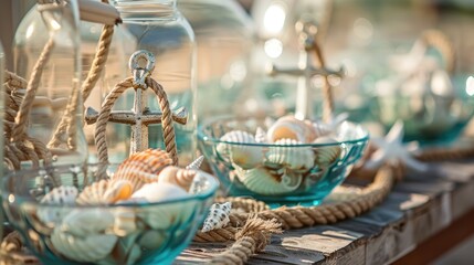 Fototapeta na wymiar Maritime themed Decor with Anchors Glass Bowls Shells and Ropes for Party decorations