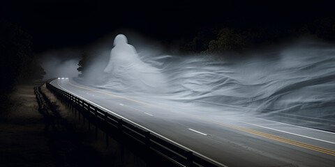 stormy ghost on the road at black night Mystery Foggy Terrifying Dark background