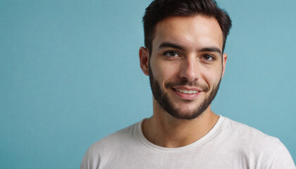 
young man in white t-shirt smiling on a light blue background