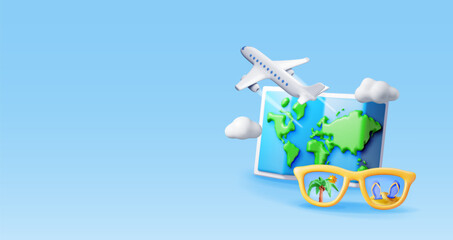 3D airplane in clouds, sunglasses and paper map. Render world travelling by plane. World map with location pin. Time to travel, holiday planning. Tourist worldwide transportation. Vector illustration