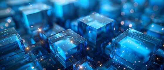 Blue crystal matrix, sharp edges, translucent cubes, cool lighting,