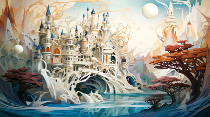 fantasy landscape with layered paper castle - 786866171