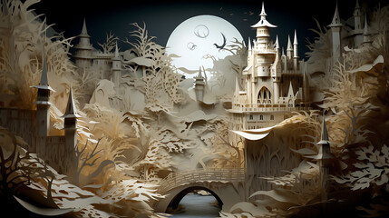 fantasy landscape with layered paper castle