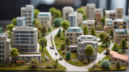Model of miniature city with houses, block of flats and green trees. Sustainable eco friendly town