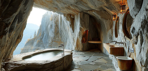 a modern bathroom featuring a stone grotto built naturally and rustic stone walls - obrazy, fototapety, plakaty