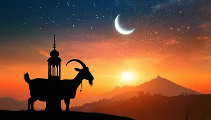Fototapeten silhouette of a horse in the sunset, silhouette of a goat on a farm for eid-ul-adha © Hyder