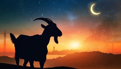 silhouette of a horse in the sunset, silhouette of a goat on a farm for eid-ul-adha