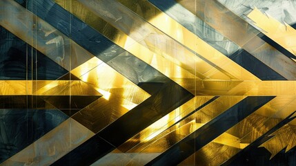 Craft an abstract scene with metallic gold arrows casting shadows, forming a composition that...