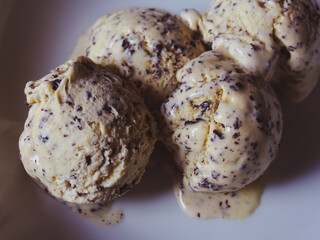 Chocolate chip ice cream, delicious dessert, close-up for food background.  