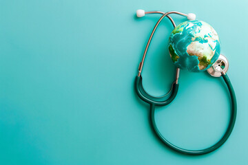 Stethoscope Encircling a Globe on a Blue Surface, Representing the Interconnectivity of Global Health