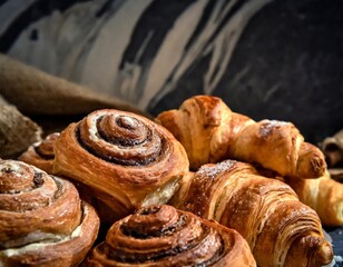 Close up of pile of delicious croissants on a dark background.