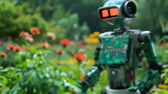 Amidst a beautiful field of colorful blooms, a green and black robot stands, its expression slightly lonely, a contrasting presence against the surrounding natural beauty. 