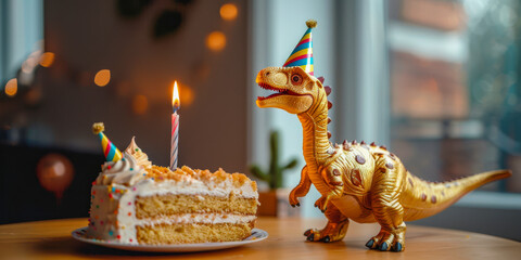 Celebratory Dinosaur Toy with Birthday Cake and Candle