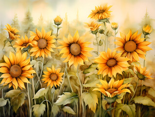 sunflowers meadow Wall Art in watercolor illustration, generated ai