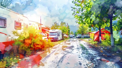 Colorful artistic rendering of a campground with recreational vehicles after rain - obrazy, fototapety, plakaty