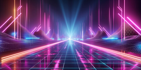 Synthwave Dreamscape: Retro-Futuristic Neon Holographs Illuminate Abstract Cyberpunk Landscape