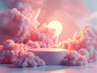 Soft pink podium with surreal sky smoke