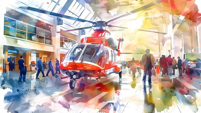 Watercolor illustration of bustling heliport with red helicopter and busy crowd