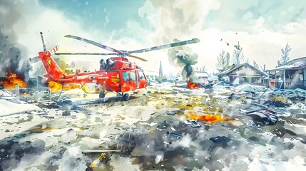 Search and rescue helicopter in aftermath of disaster, amid fiery watercolor destruction and chaos