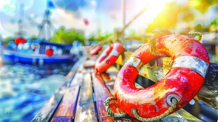 Lifebuoy Attached to Dock Railing with Sunlit Harbor and Boats in the Background - obrazy, fototapety, plakaty