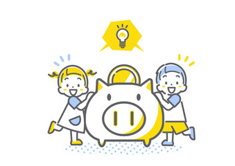 Naklejka premium お金について楽しく学ぶ子供たち シンプルでお洒落な線画イラスト